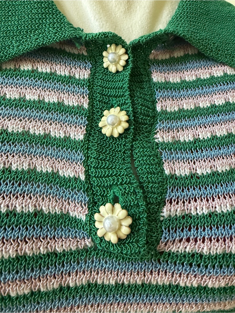 Zara Knit Striped Polo Sweater Top M Green Pink Blue Pearl Buttons M - Picture 3 of 6